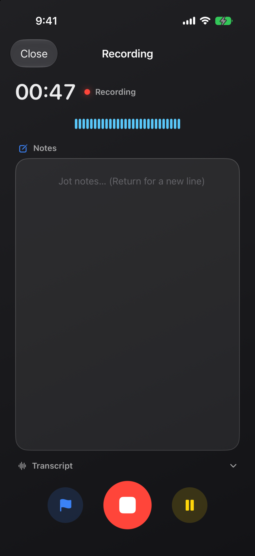 Synopsule iPhone recorder with a time-anchored Notes field and a flag button while capturing live