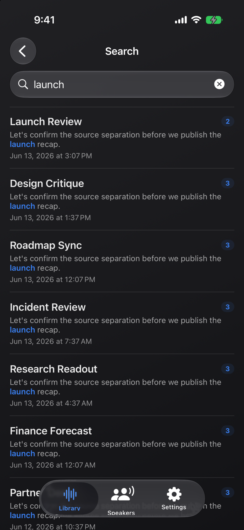 Synopsule iPhone full-text search across transcripts with match counts