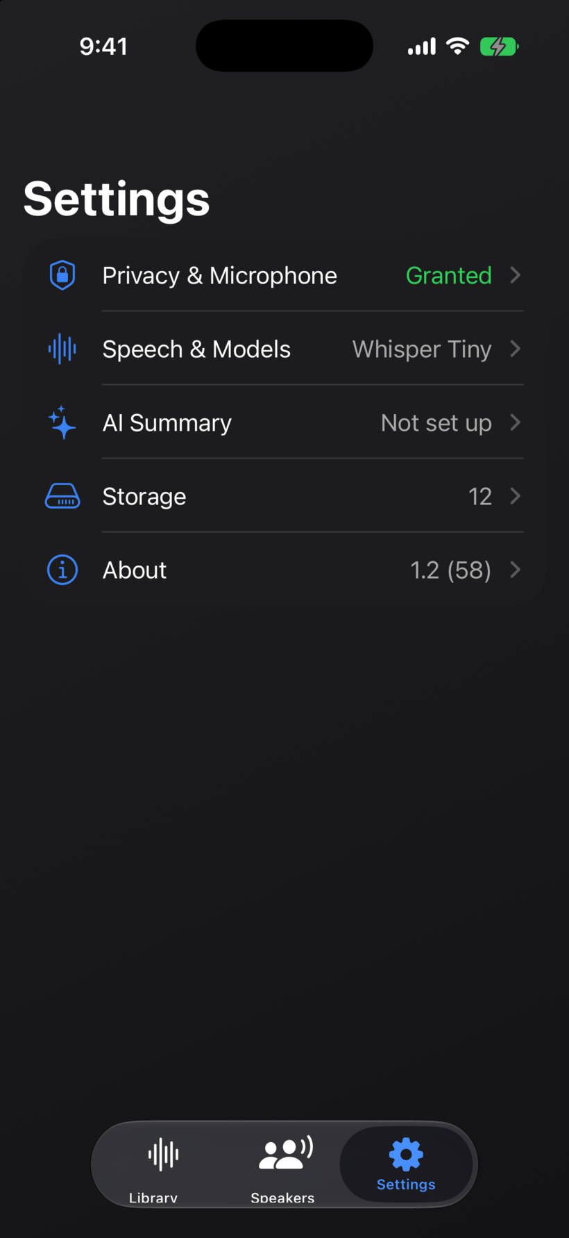 Synopsule iPhone privacy settings: on-device model, analytics toggle, AI consent
