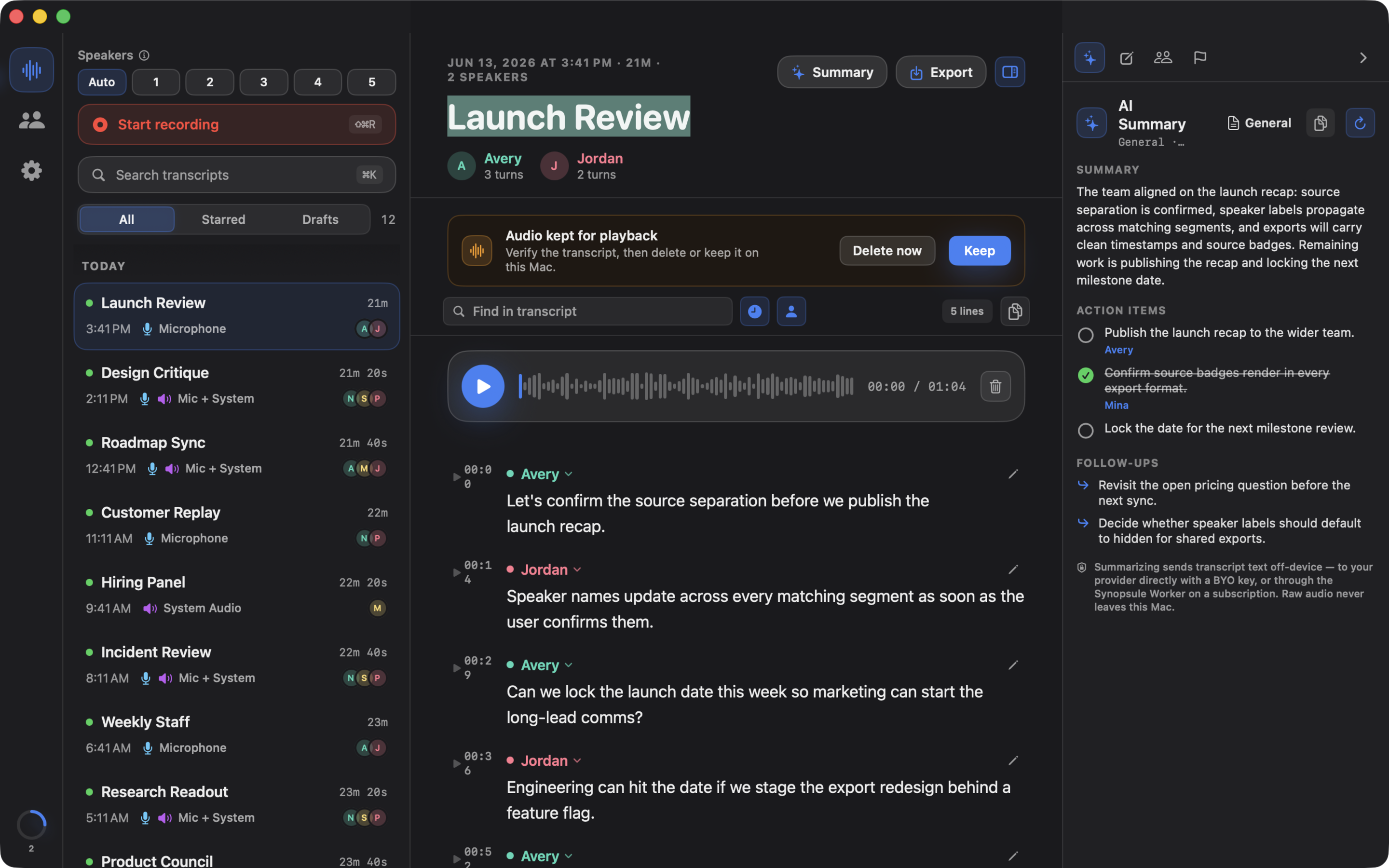 Synopsule on macOS: a recording library next to a labeled transcript and an opt-in AI summary