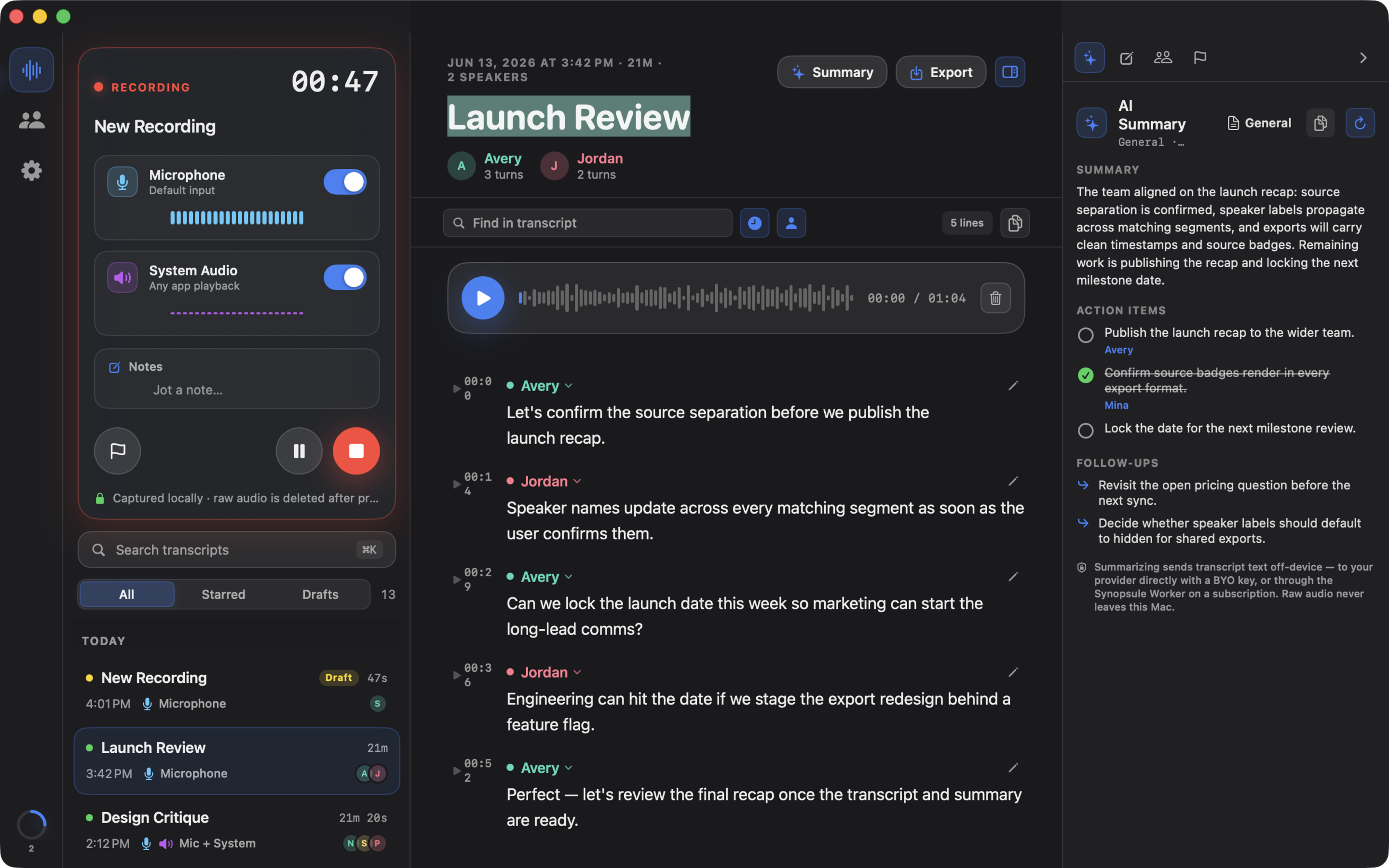 Synopsule recording on macOS with separate mic and system-audio level meters