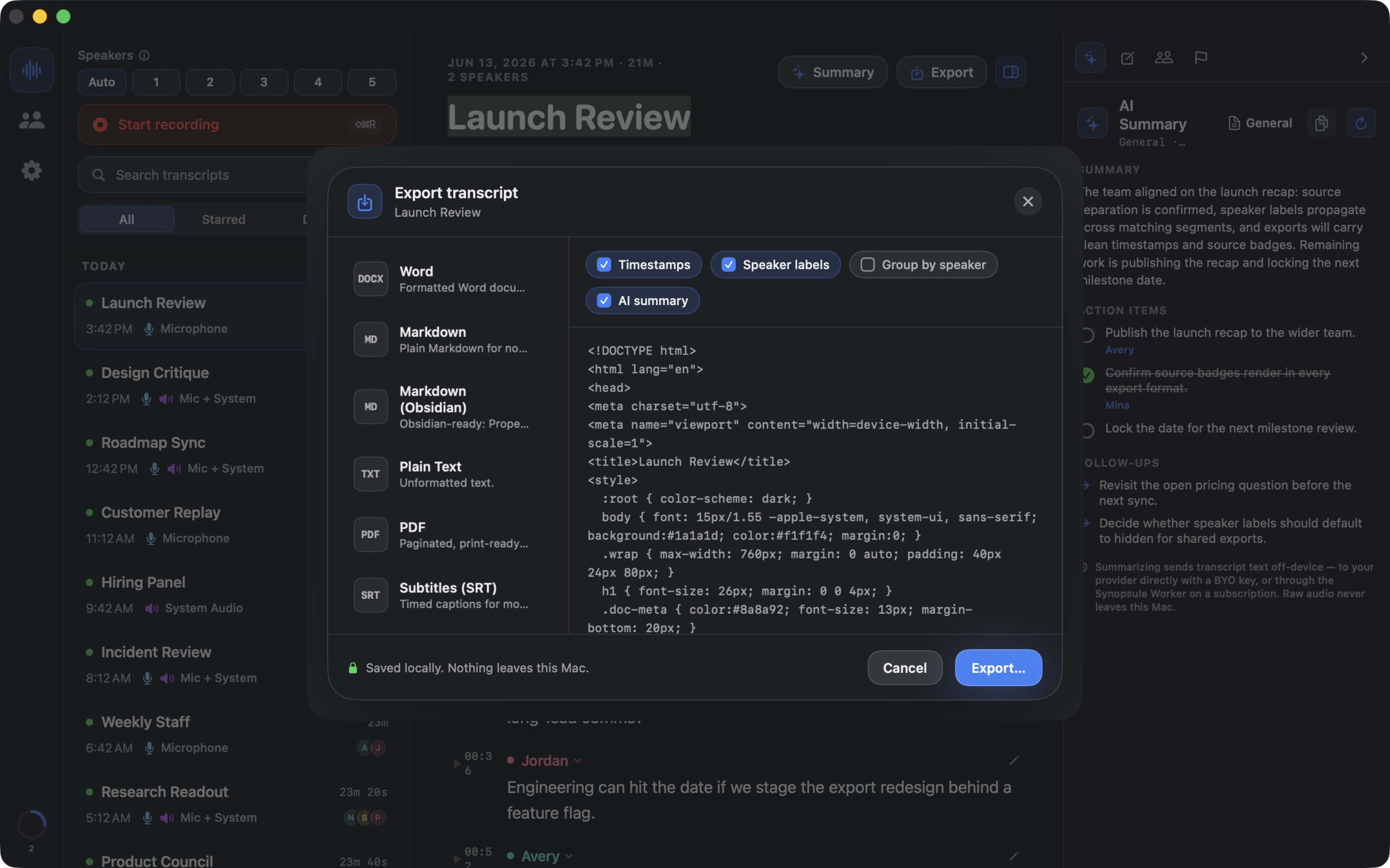 Synopsule export sheet on macOS with Word, PDF, Markdown, HTML, SRT, VTT and a live preview